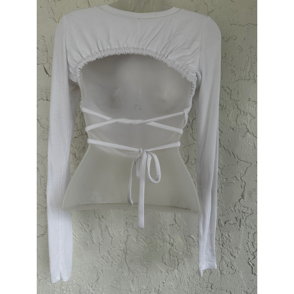 Alo Yoga Manifest White Ribbed Long Sleeve Open Back Wrap Tie Crop Top Small
